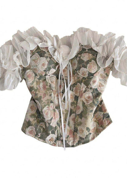 Elegant Green Ruffled Print Cotton Vests Summer