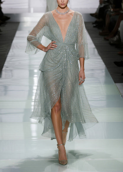 Elegant Green Sequins Side Open Tulle Long Dress Summer