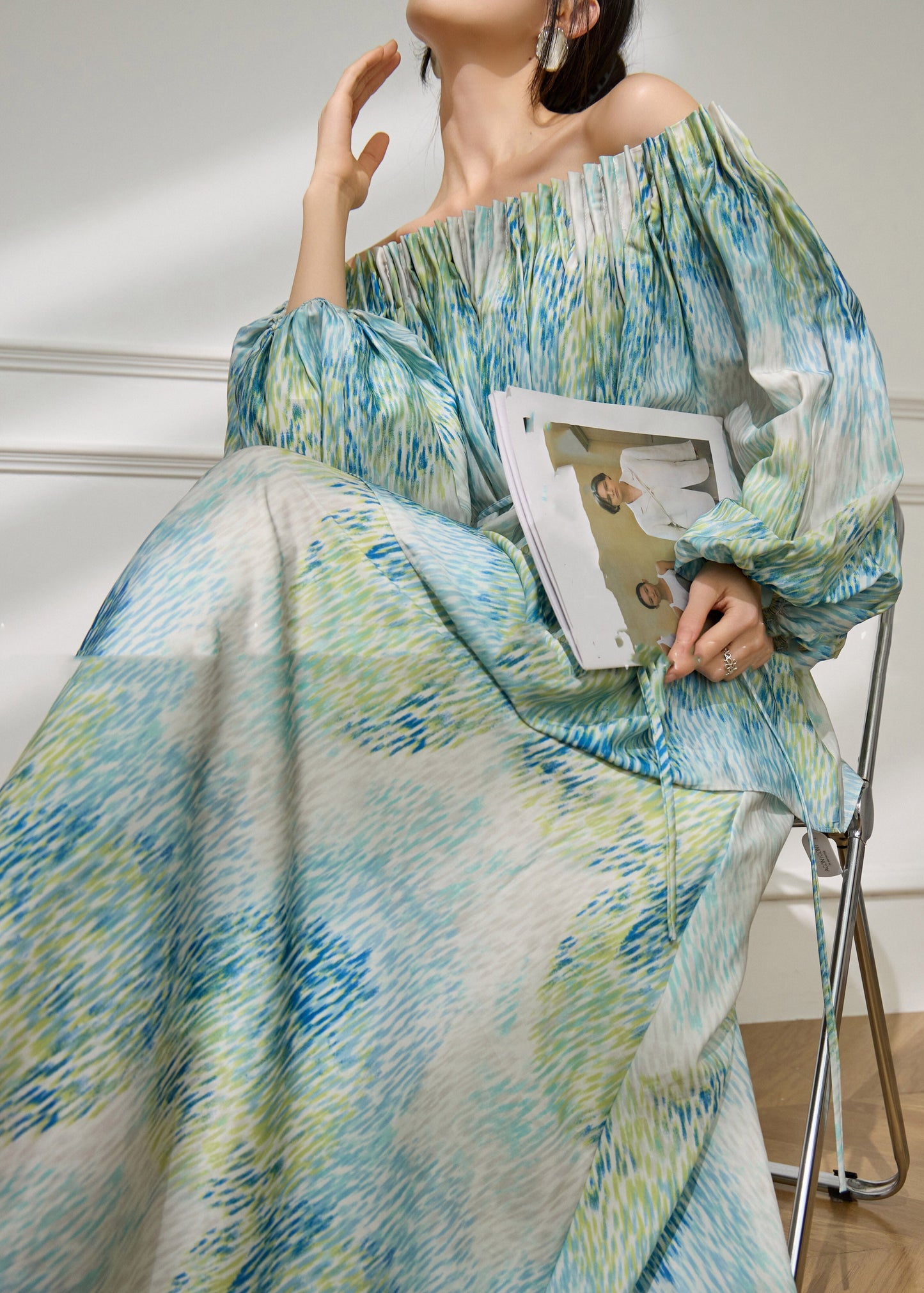 Elegant Green Slash Neck Tie Waist Top And Maxi Skirts Spring