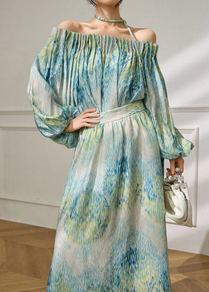 Elegant Green Slash Neck Tie Waist Top And Maxi Skirts Spring