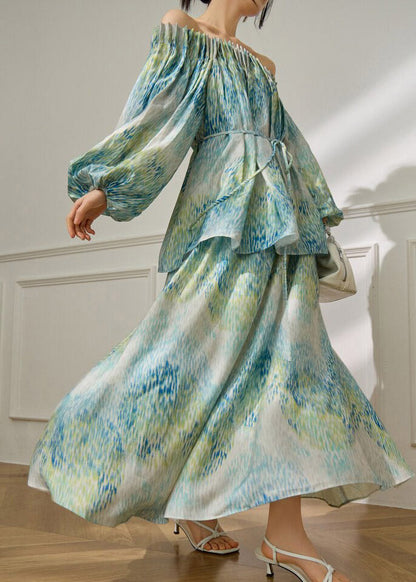 Elegant Green Slash Neck Tie Waist Top And Maxi Skirts Spring