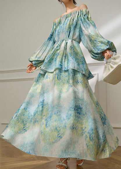 Elegant Green Slash Neck Tie Waist Top And Maxi Skirts Spring