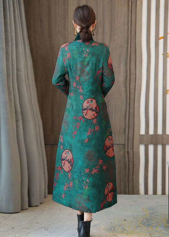 Elegante Grüne Stehkragen Chinesischen Stil Druck Feine Baumwolle Gefüllt Mäntel