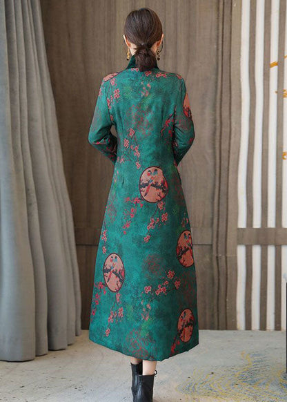 Elegante Grüne Stehkragen Chinesischen Stil Druck Feine Baumwolle Gefüllt Mäntel