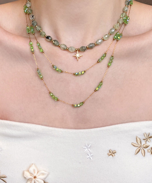 Elegant Green String Beads Layering Alloy Two Piece Set Necklace