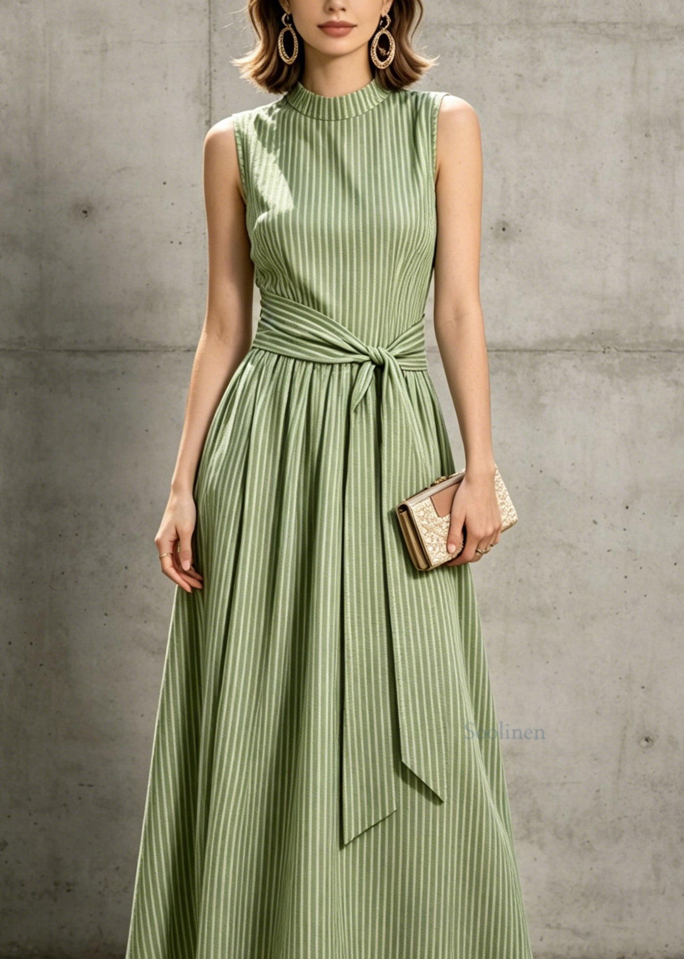 Elegant Green Striped Tie Waist Cotton Maxi Dresses Sleeveless