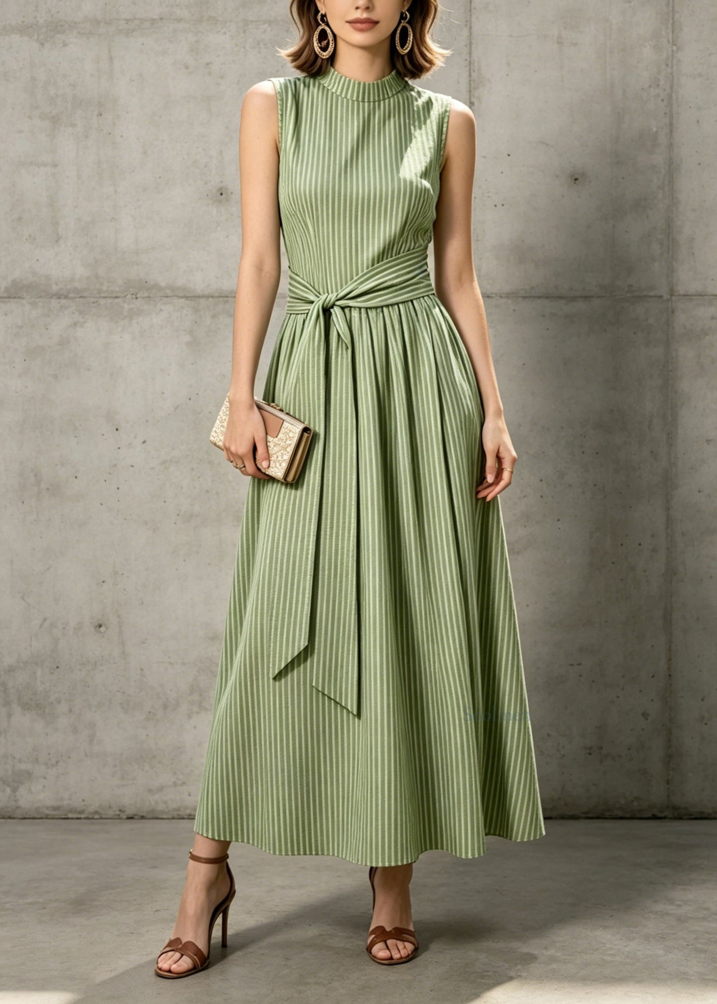 Elegant Green Striped Tie Waist Cotton Maxi Dresses Sleeveless