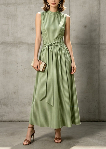 Elegant Green Striped Tie Waist Cotton Maxi Dresses Sleeveless
