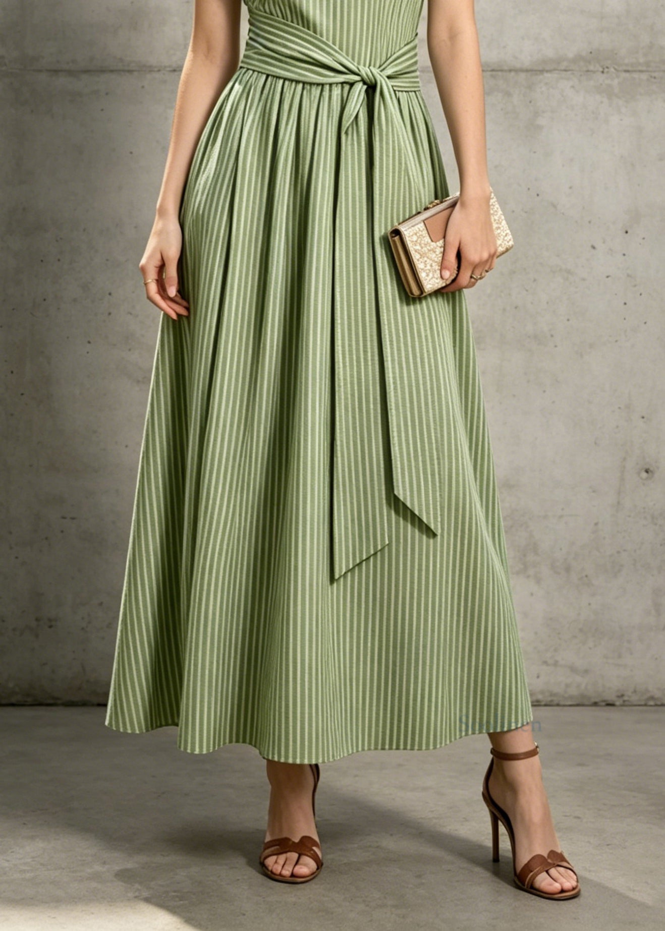 Elegant Green Striped Tie Waist Cotton Maxi Dresses Sleeveless
