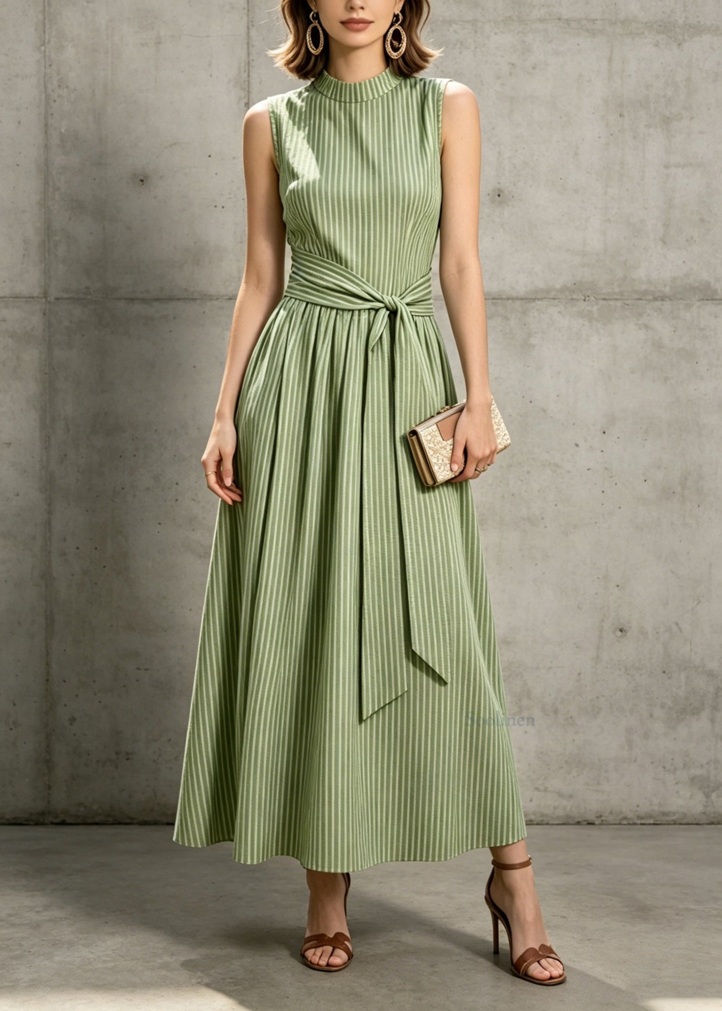 Elegant Green Striped Tie Waist Cotton Maxi Dresses Sleeveless