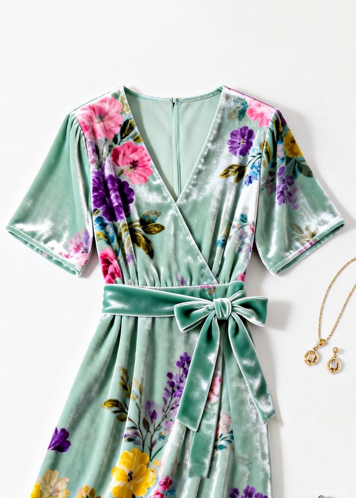 Elegant Green V Neck Print Tie Waist Silk Velvet Dresses Summer