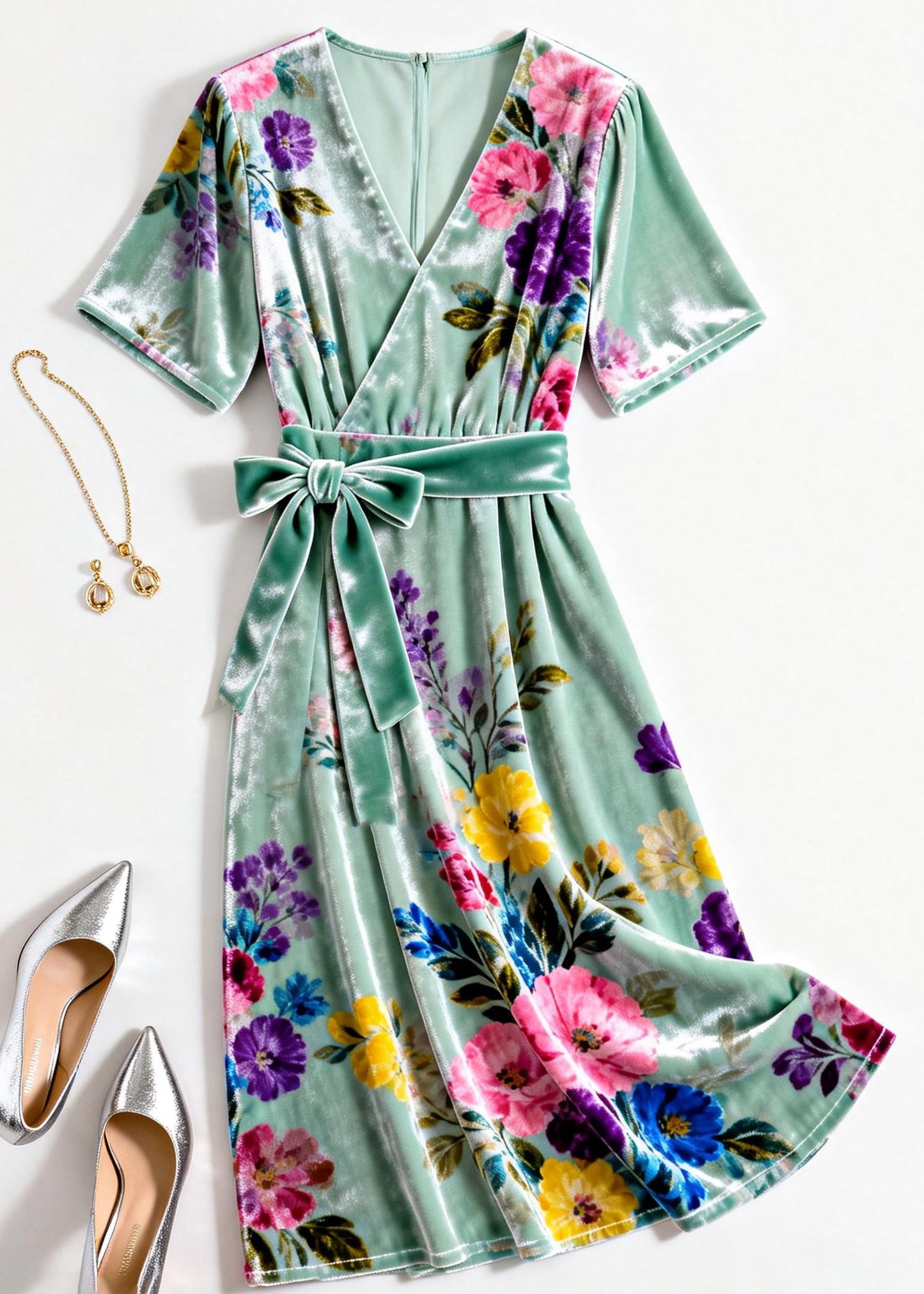 Elegant Green V Neck Print Tie Waist Silk Velvet Dresses Summer