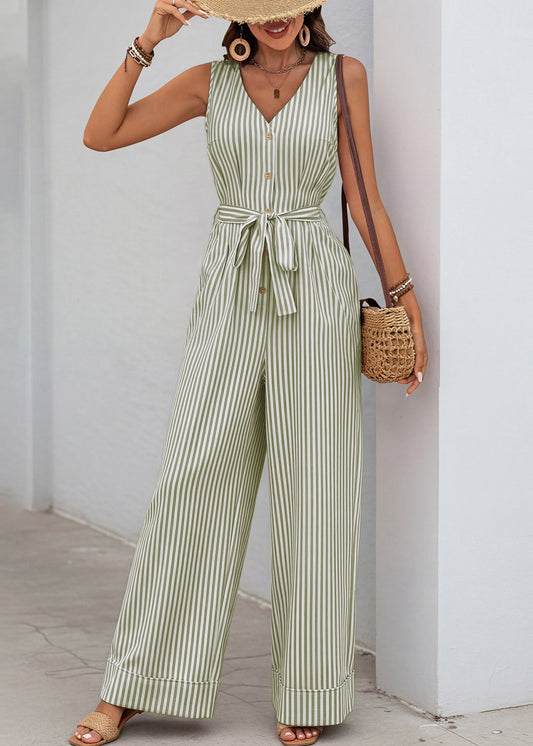 Elegant Green V Neck Striped Cotton Jumpsuit Sleeveless