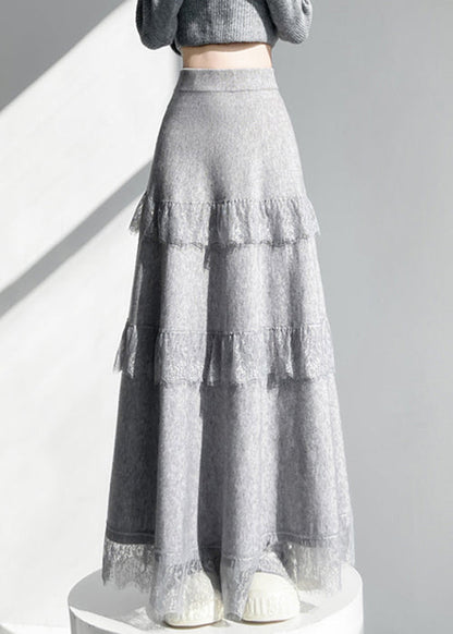 Elegant Grey Elastic Waist Lace Patchwork Knit Skirts Winter
