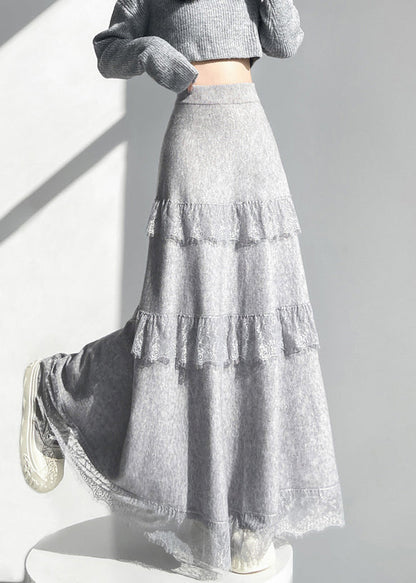 Elegant Grey Elastic Waist Lace Patchwork Knit Skirts Winter
