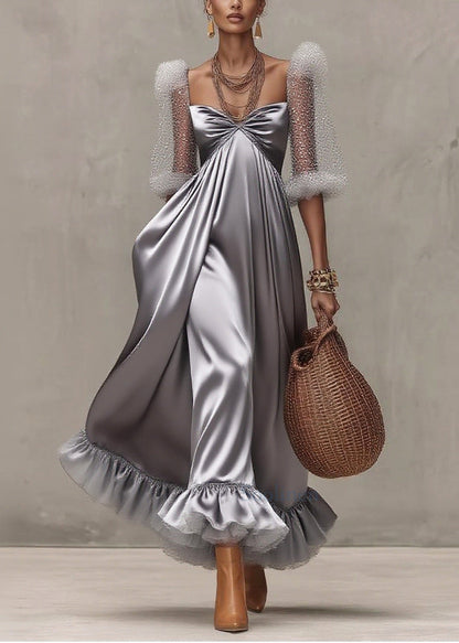 Elegant Grey Exra Large Hem Patchwork Tulle Evening Dress Puff Sleeve