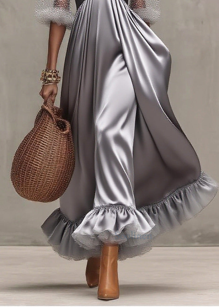 Elegant Grey Exra Large Hem Patchwork Tulle Evening Dress Puff Sleeve