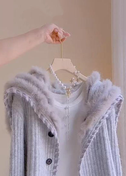 Elegante graue Fuchskragen-Knopf-Patchwork-Strickmäntel Winter