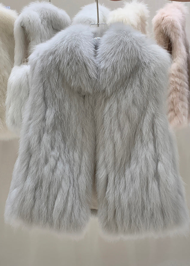 Elegant Grey Fox Collar Patchwork Leather And Fur Waistcoat Winter