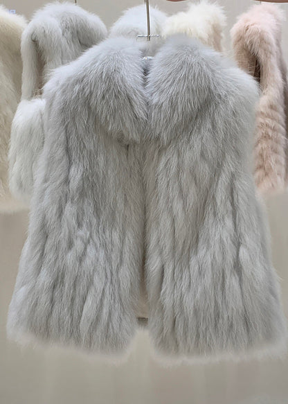 Elegant Grey Fox Collar Patchwork Leather And Fur Waistcoat Winter