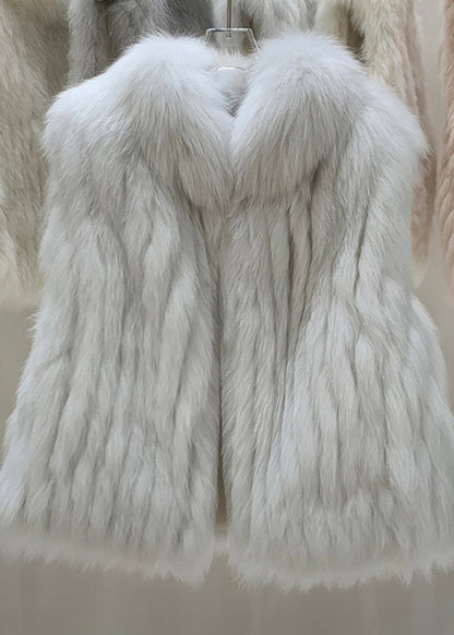 Elegant Grey Fox Collar Patchwork Leather And Fur Waistcoat Winter