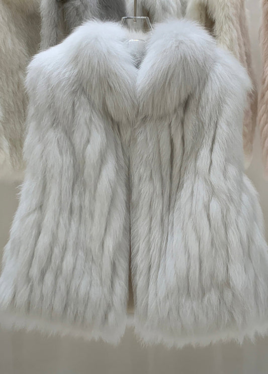 Elegant Grey Fox Collar Patchwork Leather And Fur Waistcoat Winter