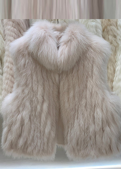 Elegant Grey Fox Collar Patchwork Leather And Fur Waistcoat Winter