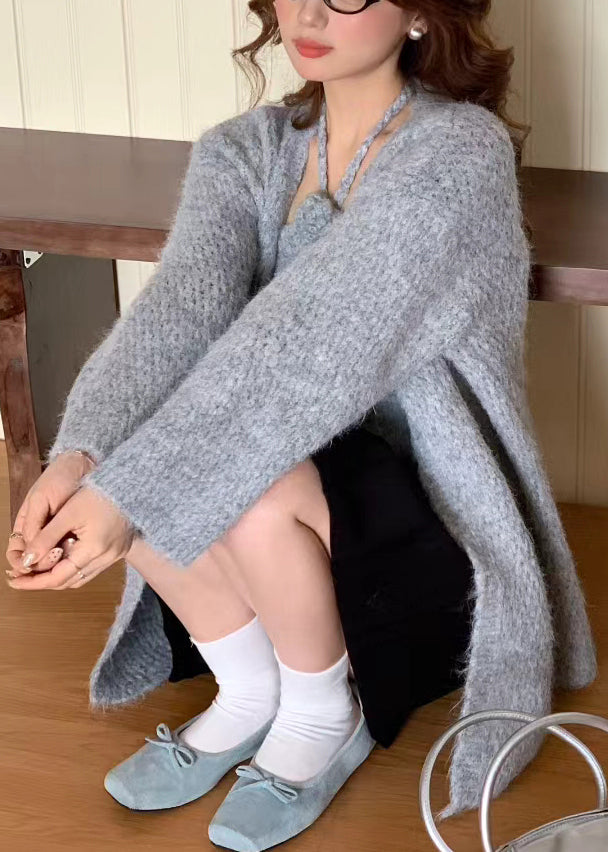 Elegant Grey Halter Floral Knit Cardigan Two Pieces Set Winter