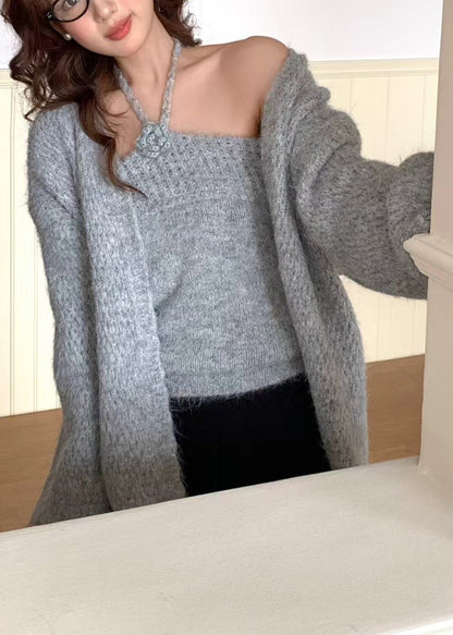 Elegant Grey Halter Floral Knit Cardigan Two Pieces Set Winter