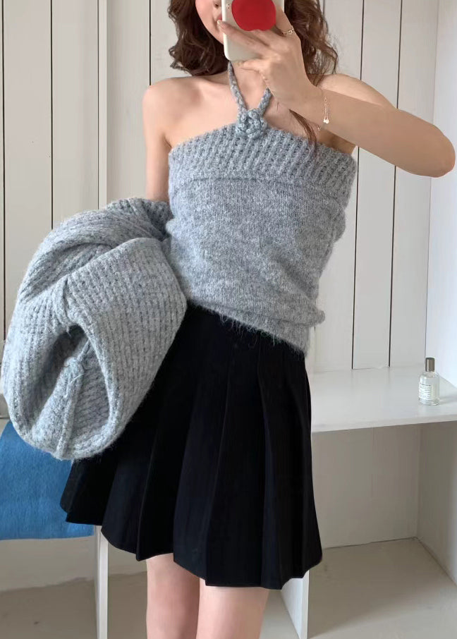 Elegant Grey Halter Floral Knit Cardigan Two Pieces Set Winter