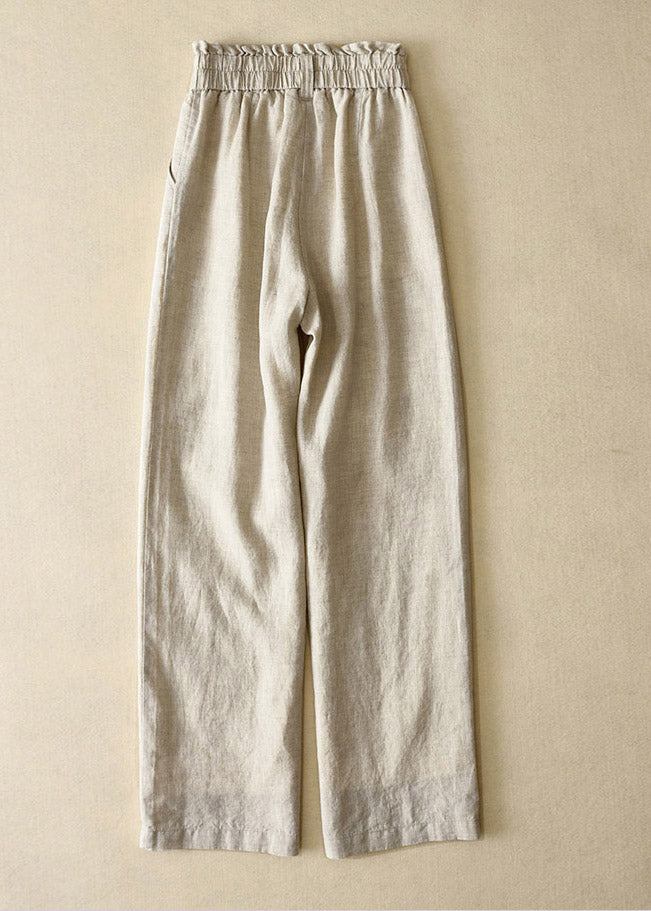Elegantes pantalones rectos de lino con botones y cintura alta en gris para verano