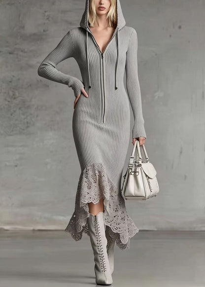 Elegant Grey Hooded Zippered Patchwork Lace Dresses Long Sleeve