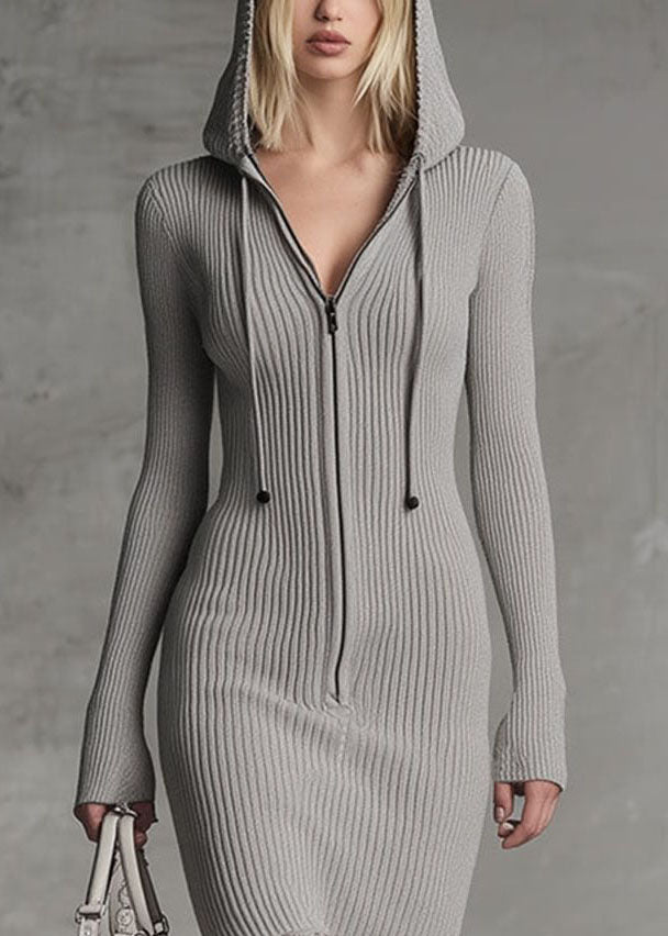 Elegant Grey Hooded Zippered Patchwork Lace Dresses Long Sleeve