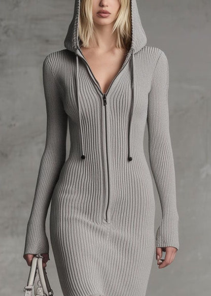 Elegant Grey Hooded Zippered Patchwork Lace Dresses Long Sleeve