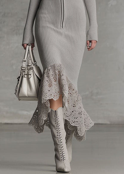 Elegant Grey Hooded Zippered Patchwork Lace Dresses Long Sleeve
