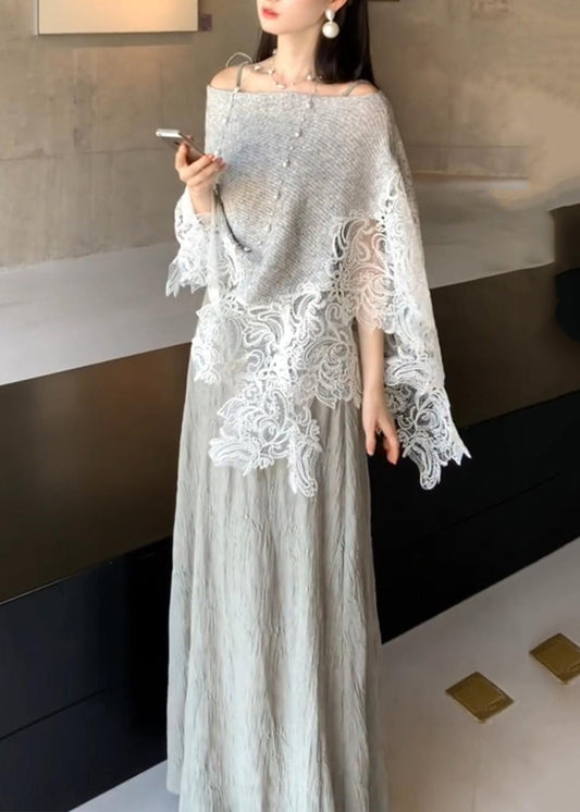 Elegant Grey Lace Patchwork Cotton Knit Cape And Long Dresses Two Piece Set Batwing Sleeve