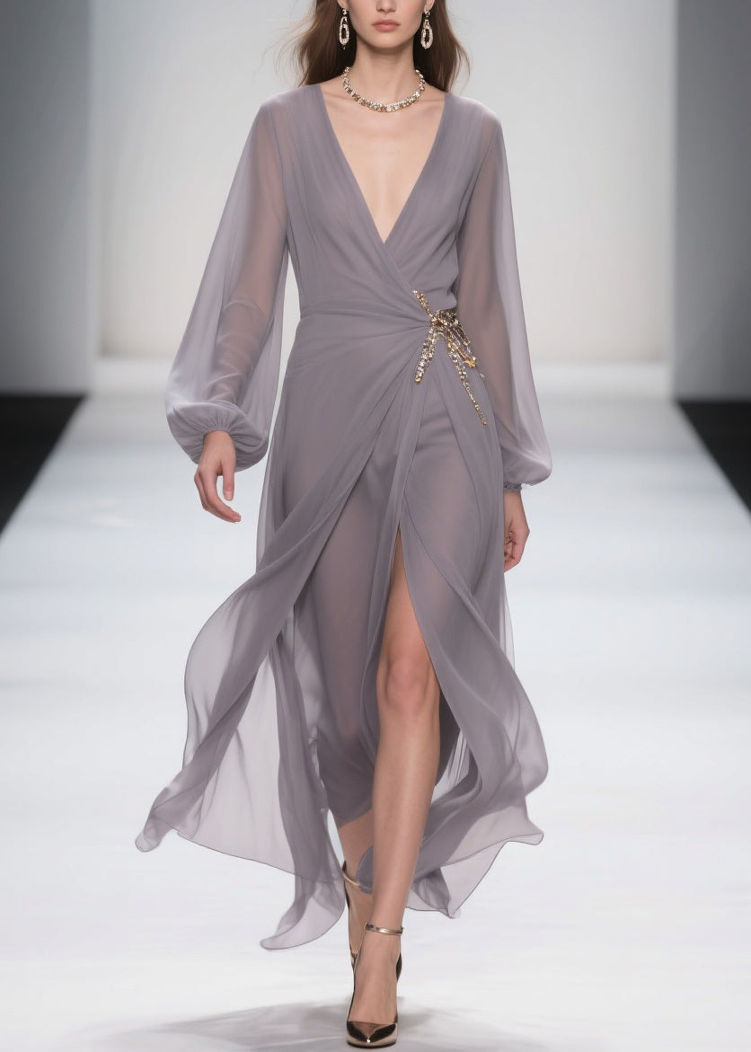 Elegant Grey Lace Up Front Open Chiffon Long Dress Spring