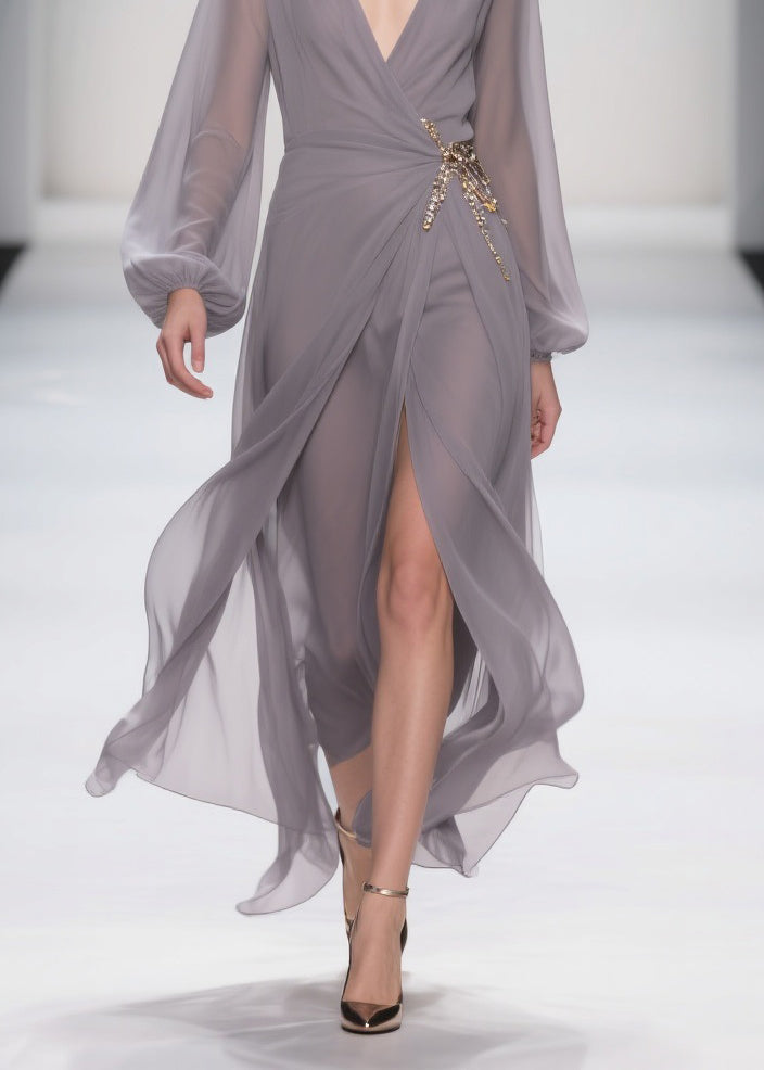 Elegant Grey Lace Up Front Open Chiffon Long Dress Spring