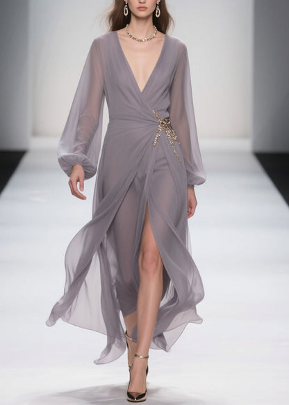 Elegant Grey Lace Up Front Open Chiffon Long Dress Spring