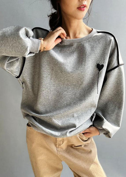 Elegant Grey Loose Embroideried Patchwork Fall Sweatshirt Street Wear - SooLinen