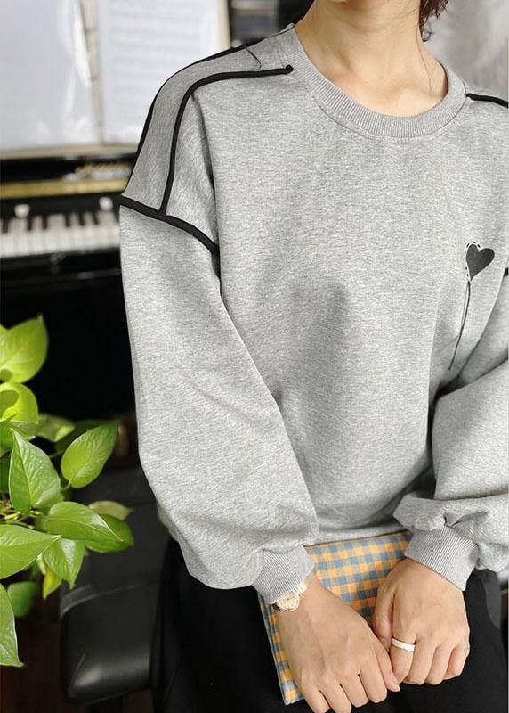 Elegant Grey Loose Embroideried Patchwork Fall Sweatshirt Street Wear - SooLinen
