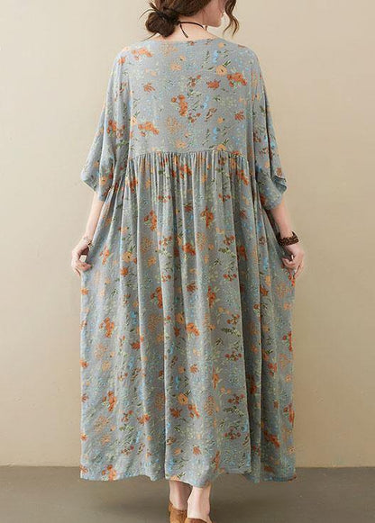 Elegant Grey O-Neck Patchwork Print Half Sleeve Summer Long Dress - SooLinen