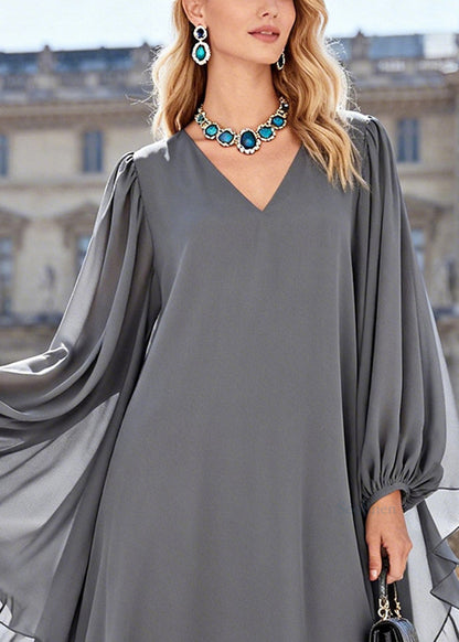 Elegant Grey Oversized Striped Chiffon Party Dress Flare Sleeve