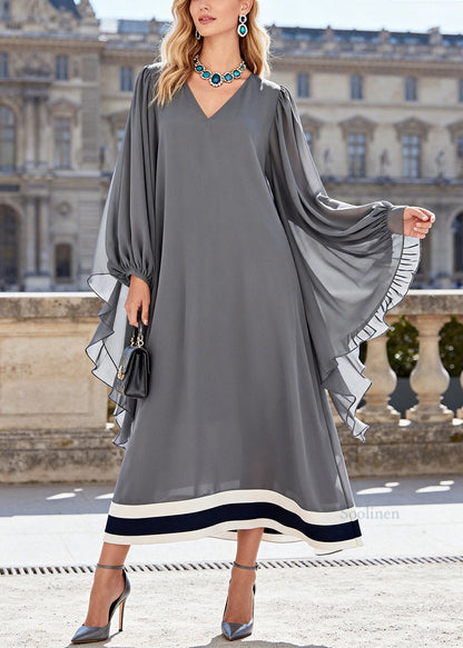 Elegant Grey Oversized Striped Chiffon Party Dress Flare Sleeve