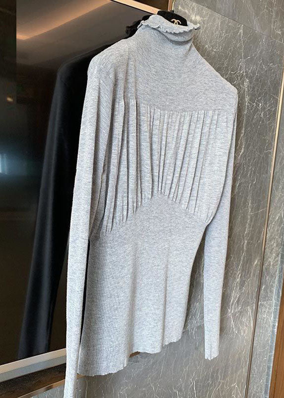 Elegantes graues Stehkragen-Rüschen-Mode-Kurz-Strickoberteil