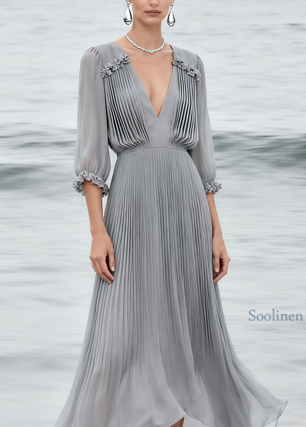 Elegant Grey V Neck Floral Wrinkled Chiffon Dress Summer