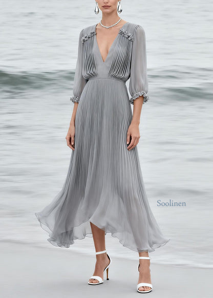 Elegant Grey V Neck Floral Wrinkled Chiffon Dress Summer