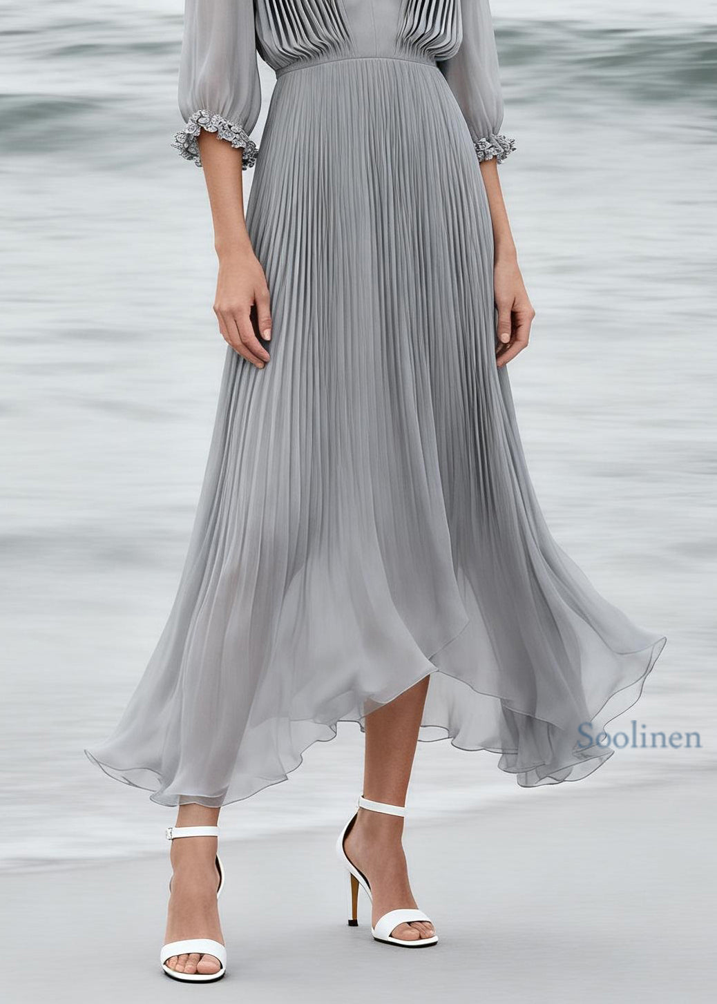Elegant Grey V Neck Floral Wrinkled Chiffon Dress Summer