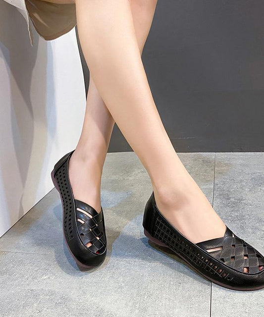 Elegant Hollow Out Flats Black Faux Leather - SooLinen
