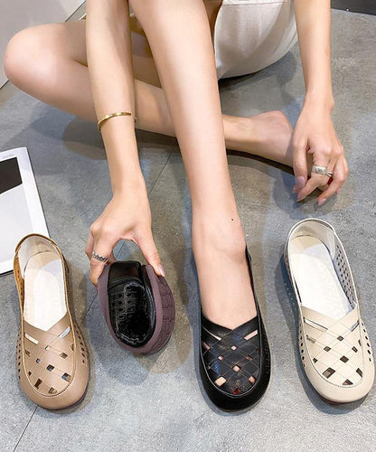 Elegant Hollow Out Flats Black Faux Leather - SooLinen